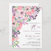 Dusty Pink Lila Wildblume 40. Geburtstag Einladung (Vorne/Hinten)