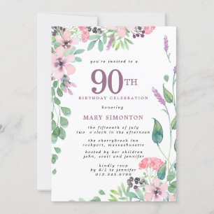 Dusty Pink Lila Wildblume 90. Geburtstag Einladung