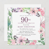 Dusty Pink Lila Wildblume 90. Geburtstag Einladung (Vorne/Hinten)