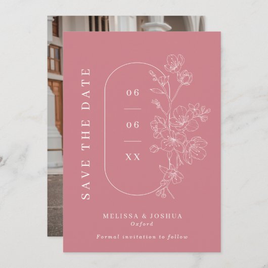 Dusty Pink Line Gezeichnet florale Foto Hochzeit Save The Date (Vorne/Hinten)