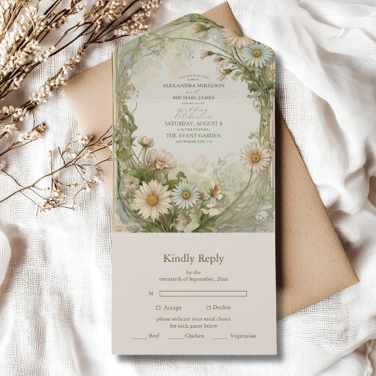 Dusty Pink Marguerite Daisy Wedding Art Nouveau All In One Einladung