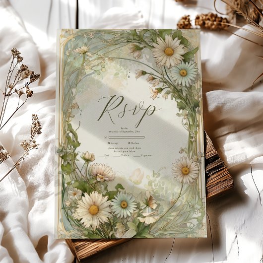 Dusty Pink Marguerite Daisy Wedding Art Nouveau RSVP Karte