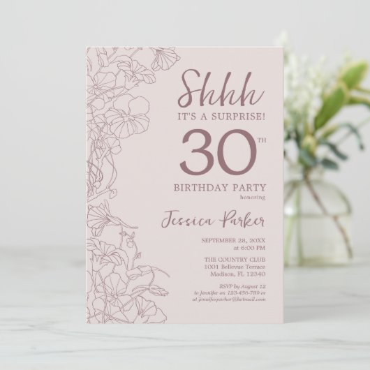 Dusty Pink Mauve Foto Überraschung 30. Geburtstag Einladung (Stehend Vorderseite)