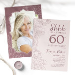 Dusty Pink Mauve Foto Überraschung 60. Geburtstag Einladung<br><div class="desc">Blütenstaubige Rosa und Lila Überraschung 60. Geburtstagsfeier mit Ihrem Foto auf der Kartenrückseite. Modernes bohansmodernes feminines Design mit botanischen Akzenten und typografischem Script-Schriftart. Einfache florale Einladungskarte perfekt für eine stilvolle weibliche Überraschung am Tag. Kann für jedes Alter angepasst werden. Gedruckte Zazzle Einladungen oder Sofortdownload digitalen druckbaren Vorlage.</div>