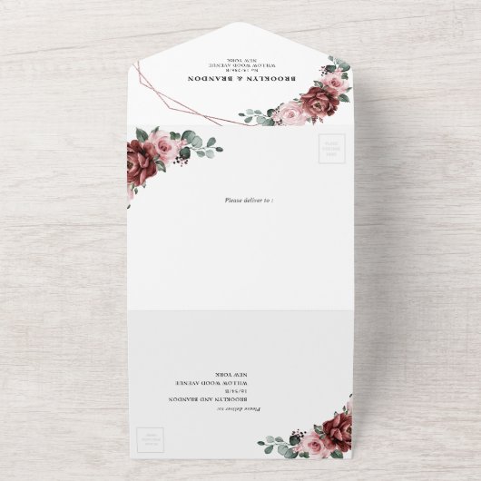 Dusty Pink Mauve Rose Floral Geometric Wedding All In One Einladung (Außenbereich)
