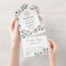 Dusty Pink Mauve Rose Floral Geometric Wedding All In One Einladung