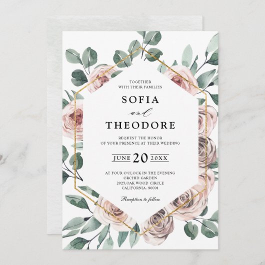 Dusty Pink Mauve Rose Floral Geometric Wedding Einladung (Vorne/Hinten)