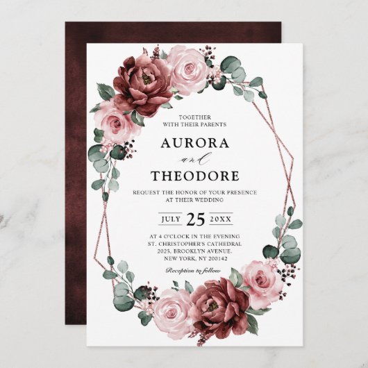 Dusty Pink Mauve Rose Floral Geometric Wedding Einladung (Vorne/Hinten)