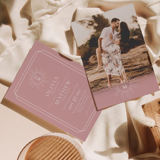 Dusty Pink Mid Century 70er Monogram Foto Wedding Einladung