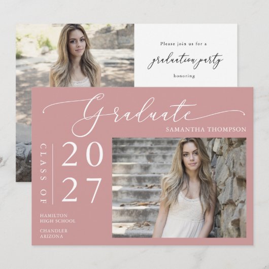 Dusty Pink Minimal Script School Abschluss Foto Einladung (Vorne/Hinten)