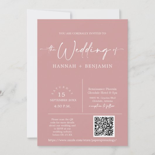 Dusty Pink Minimal Wedding Boho Arch QR Code Foto Einladung (Vorderseite)