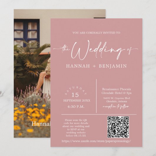 Dusty Pink Minimal Wedding Boho Arch QR Code Foto Einladung (Vorne/Hinten)