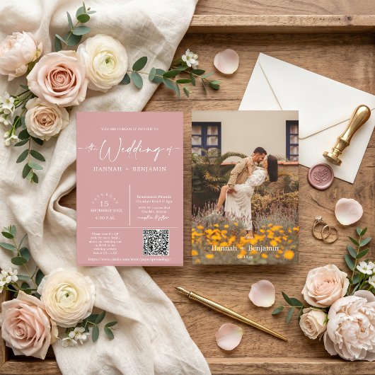 Dusty Pink Minimal Wedding Boho Arch QR Code Foto Einladung