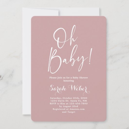 Dusty Pink minimalistisch moderne Babydusche Mädch Einladung (Vorderseite)