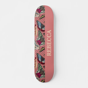 Dusty Pink mit Vintagen Schmetterlingsbilustration Skateboard