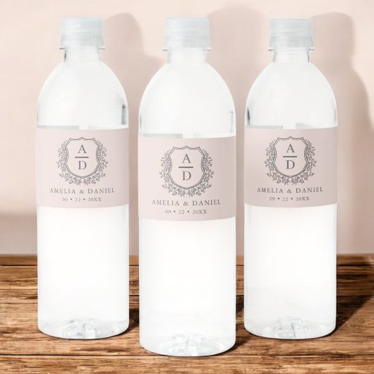 Dusty Pink Monogram Wedelfloral Wappen Wasserflaschenetikett