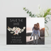 Dusty Pink Peach Botanical Foto Black Wedding Save The Date (Stehend Vorderseite)