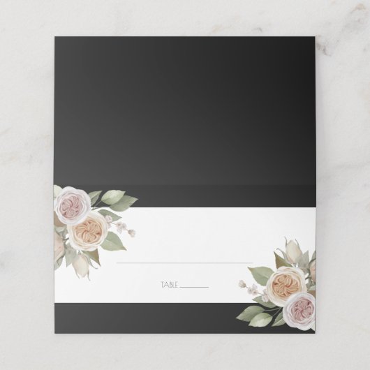 Dusty Pink Peach Rose Botanische Schwarze Hochzeit Platzkarte (Außenseite Aufgefaltet)