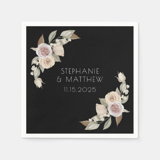 Dusty Pink Peach Rose Botanische Schwarze Hochzeit Serviette (Vorderseite)