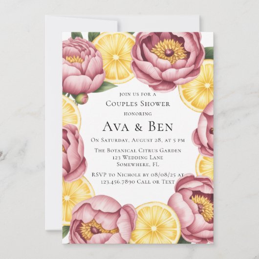 Dusty Pink Peonies and Lemon Couples Dusche Einladung (Vorderseite)