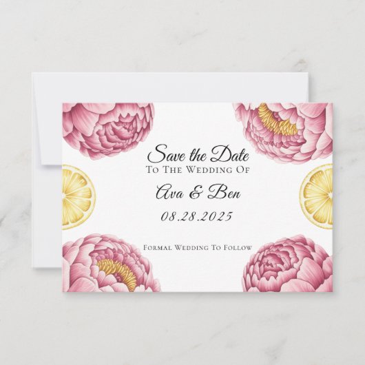 Dusty Pink Peonies and Lemon Wedding Save The Date (Vorderseite)