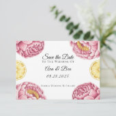 Dusty Pink Peonies and Lemon Wedding Save The Date (Stehend Vorderseite)