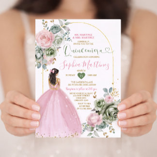 Dusty Pink Princess Dress Sage Floral Quiñceanera Einladung