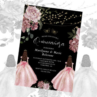 Dusty Pink Princess Floral Twins Quinceañera Einladung