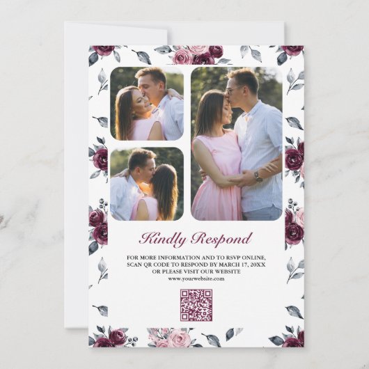 Dusty Pink Pum Lila Floral QR Code Wedding Einladung (Rückseite)