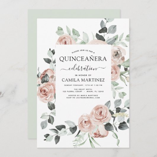 Dusty Pink Quinceañera Blumengrün Einladung (Vorne/Hinten)