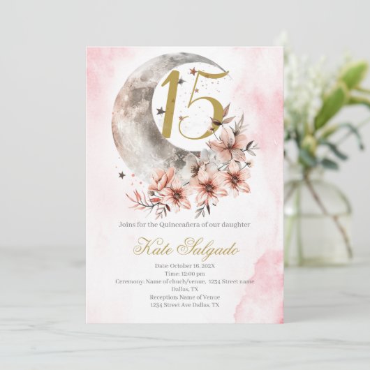 Dusty Pink Quinceanera Einladung (Stehend Vorderseite)