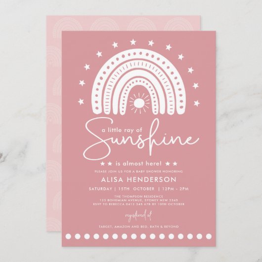 Dusty Pink Ray of Sunshine Boho Girl Baby Shower Einladung (Vorne/Hinten)