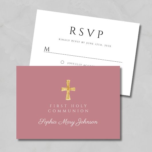 Dusty Pink Religious Cross Girl First Communion RSVP Karte
