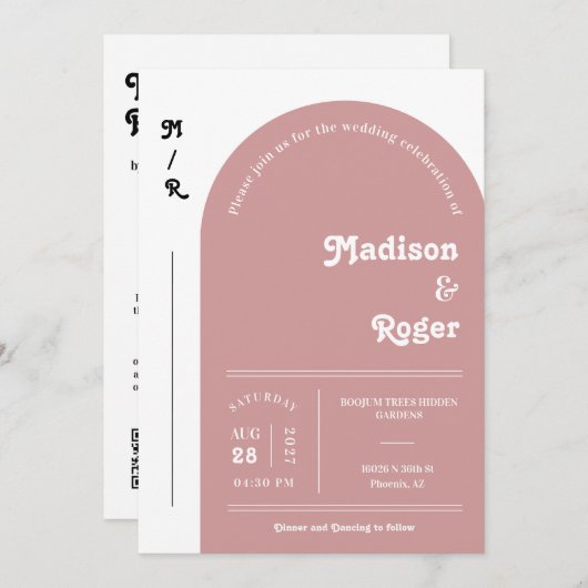 Dusty Pink Retro Arch Foto QR UAWG Groovy Einladung (Vorne/Hinten)