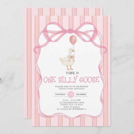 Dusty Pink Ribbon Gingham Eine Alberne Gans Einladung (Vorne/Hinten)
