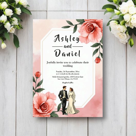 Dusty Pink Romantic Bride And Groom Floral Wedding Einladung