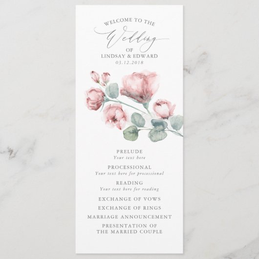 Dusty Pink Romantic Elegante Blume Hochzeit Programm (Vorderseite)