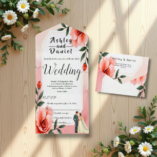 Dusty Pink Romantische Braut und Groom Blumenhochz All In One Einladung