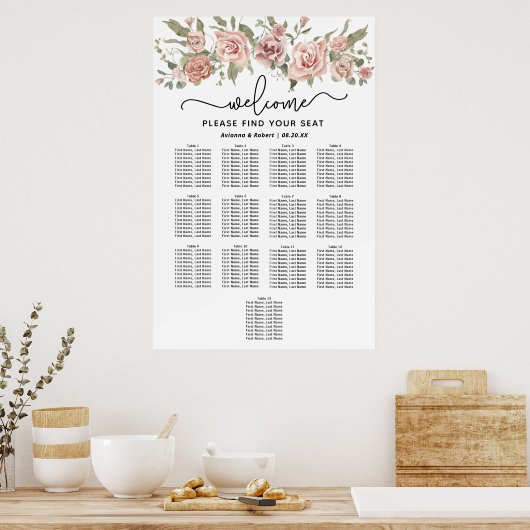 Dusty Pink Rose 13-Tisch Hochzeitstabelle Poster (Küche)