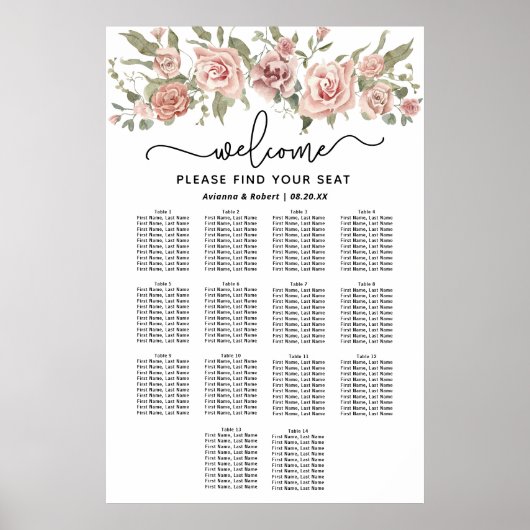 Dusty Pink Rose 14-Tisch Hochzeitstabelle Poster (Vorne)