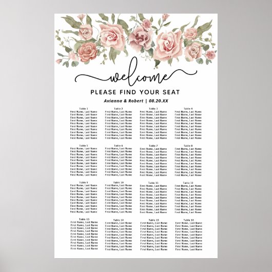 Dusty Pink Rose 16-Tisch Hochzeitstabelle Poster (Vorne)