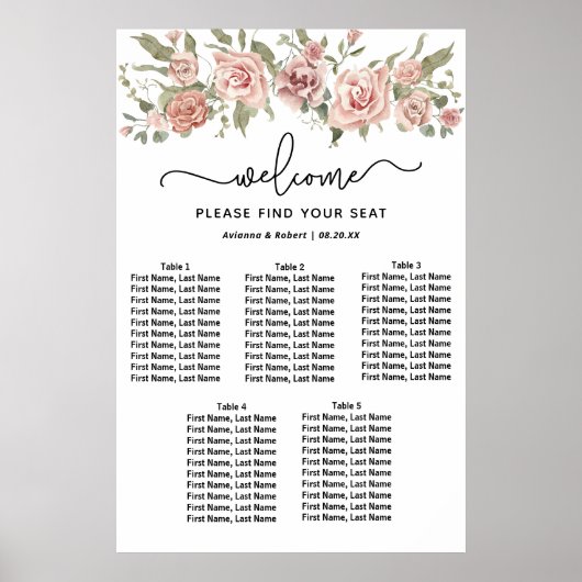 Dusty Pink Rose 5-Tisch Hochzeitstabelle Poster (Vorne)