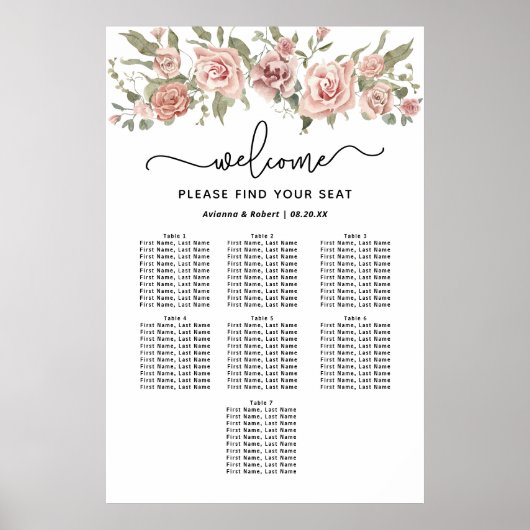 Dusty Pink Rose 7-Tisch Hochzeitstabelle Poster (Vorne)