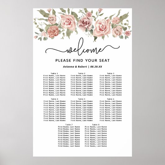 Dusty Pink Rose 8-Tisch Hochzeitstabelle Poster (Vorne)