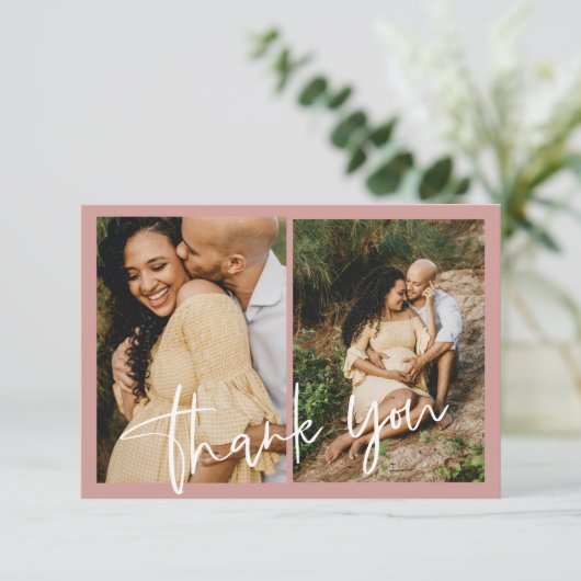 Dusty Pink/Rose Baby Dusche Foto Dankeskarte (Stehend Vorderseite)