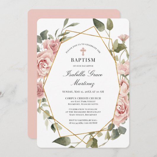 Dusty Pink Rose Blumenkreuz Taufe Einladung (Vorne/Hinten)