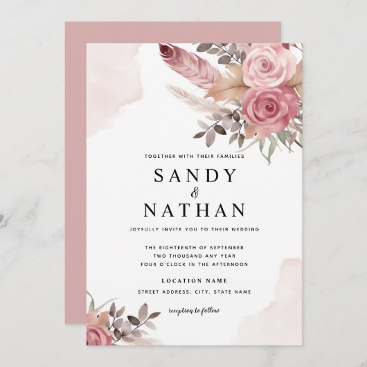 Dusty Pink Rose Boho Blume Hochzeit Einladung (Vorne/Hinten)