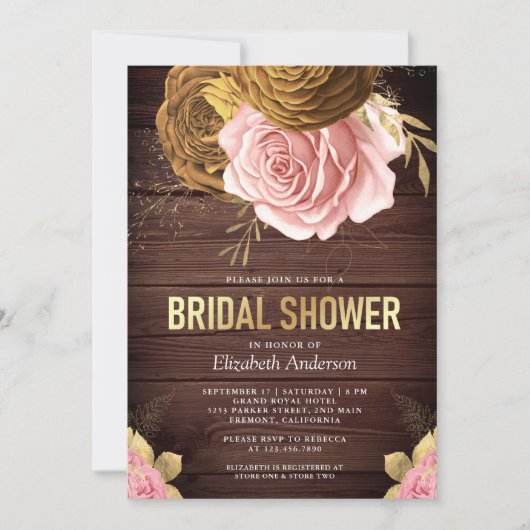 Dusty Pink Rose Earthy Floral Wood Brautparty Einladung (Vorderseite)