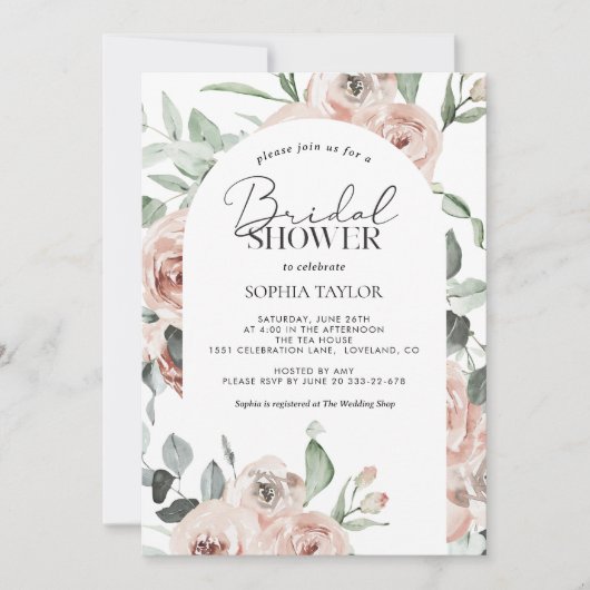 Dusty Pink Rose Eukalyptus Brautparty Einladung (Vorderseite)