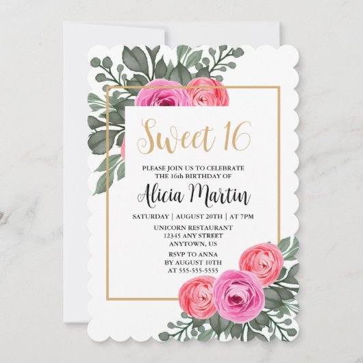 Dusty Pink Rose Flora Grüne Gold Süß 16 Einladung (Vorderseite)